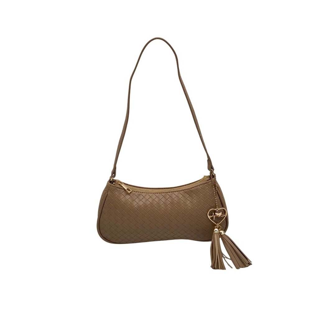 Like Dreams Camel Woven Ash Heart Tassel Shoulder Bag